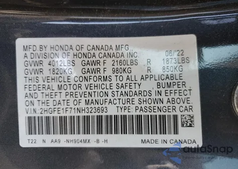 2022 Honda Civic Ex из США, поврежденный, VIN 2HGFE1F71NH323693